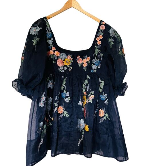 ASOS Floral Embroidered Tulle Puff Sleeve Babydoll Dress Size 14 Navy Multi - Picture 3 of 8